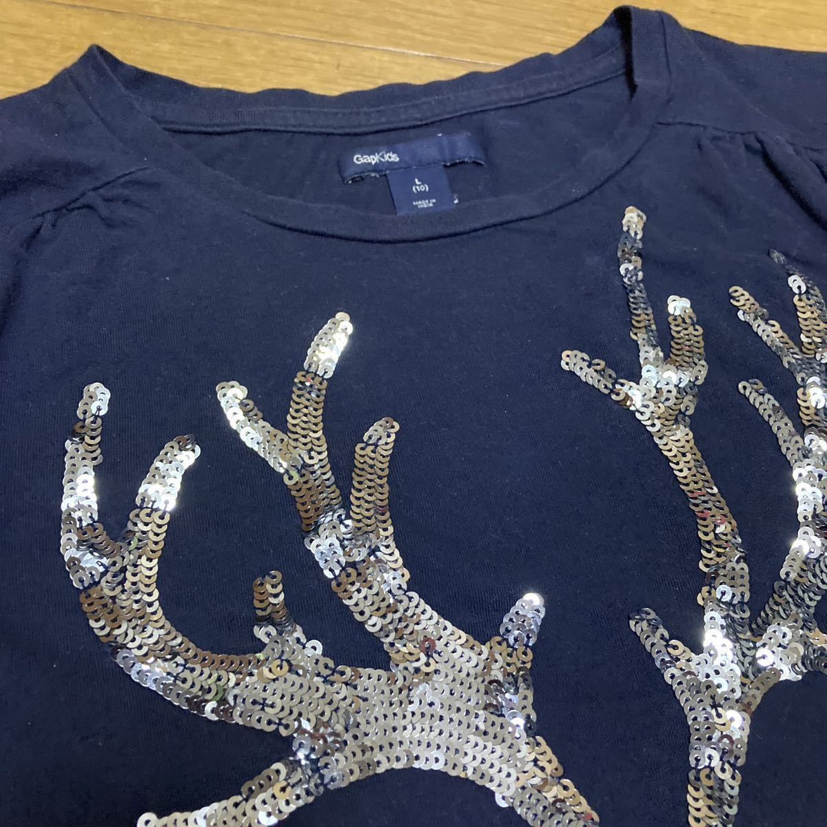 GAP KIDS 長袖 Tシャツ L 137-145 トナカイ deer カットソー 紺 スパンコール トップス ロンT ロングTシャツ ギャップ キッズ_画像5