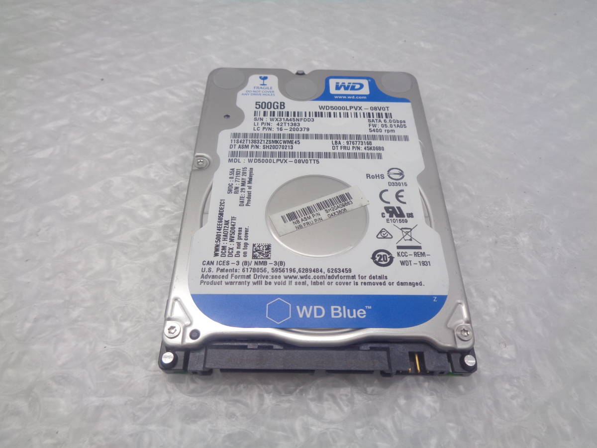 WD WD5000LPLX-08 2.5型HDD 5400RPM 7mm 500GB SATA 中古動作品(H332)_画像1