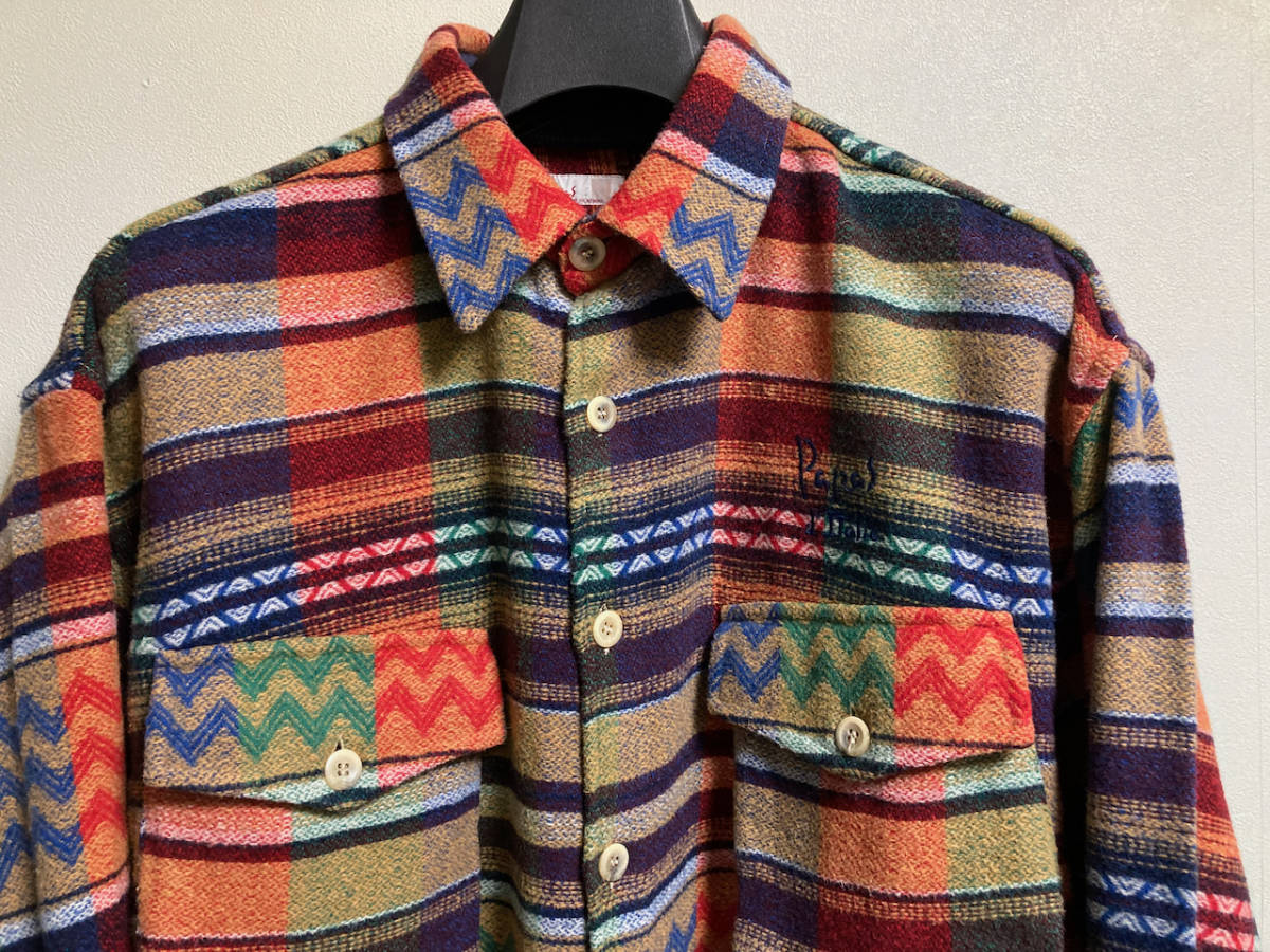 80s 90s イタリア製 ヴィンテージ パパス Papas ラムウール ネイティブ柄 シャツ シャツジャケット ビッグシャツ_画像2