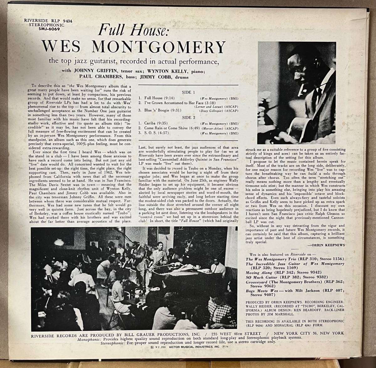 ウェス・モンゴメリー Wes Montgomery フル・ハウス Full House LP 日本盤 SMJ6069_画像2