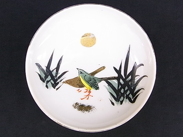 e300　小皿　皿　器　明治銅製　笹と鳥　金彩　４客　USED　_画像1