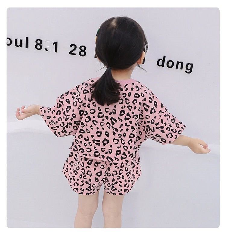  Kids setup pretty girl clothes T-shirt pants top and bottom set pink leopard print 110cm