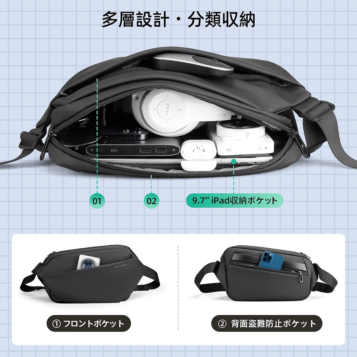 【クーポン対象外】 ☆多機能 ボディバッグ 3選択可能 操作簡単 安全設計 高品質 3way ボディバッグ