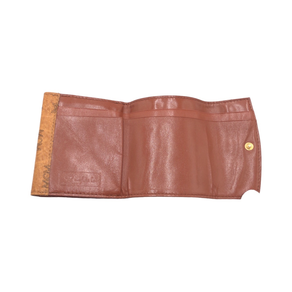 MCM M *si-* M Logo gram Brown tea Gold metal fittings imitation leather three folding purse compact wallet lady's 404917