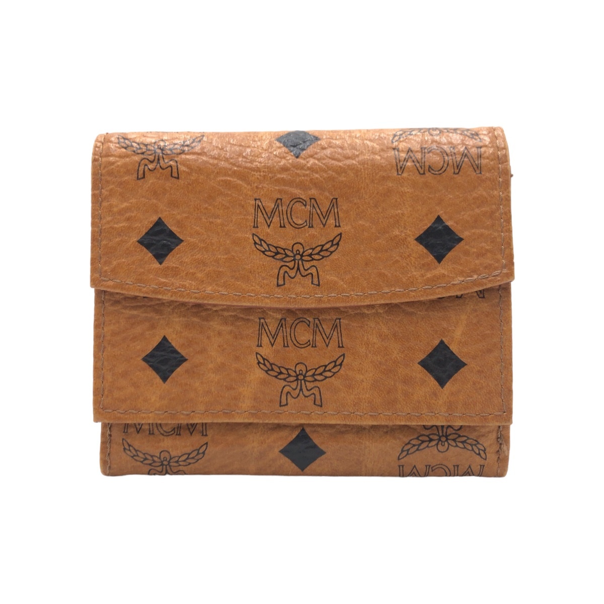 MCM M *si-* M Logo gram Brown tea Gold metal fittings imitation leather three folding purse compact wallet lady's 404917