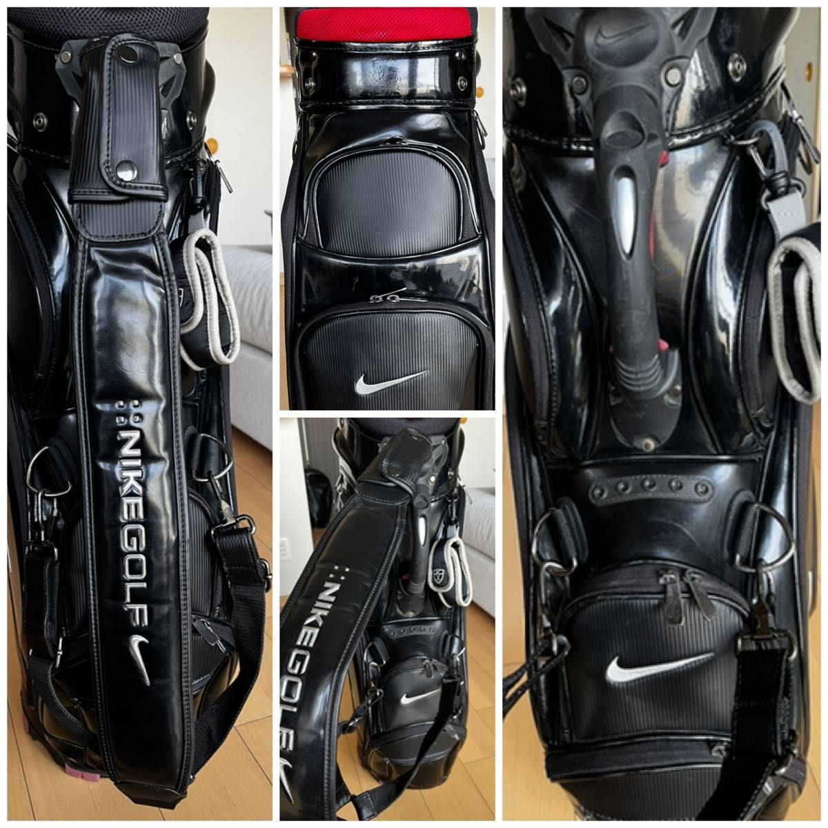 希少NIKE GOLF ナイキ　ド迫力３点式ツアーカートキャディバッグ　黒　エナメル調　BG-0227 ゴルフバック　おまけ付