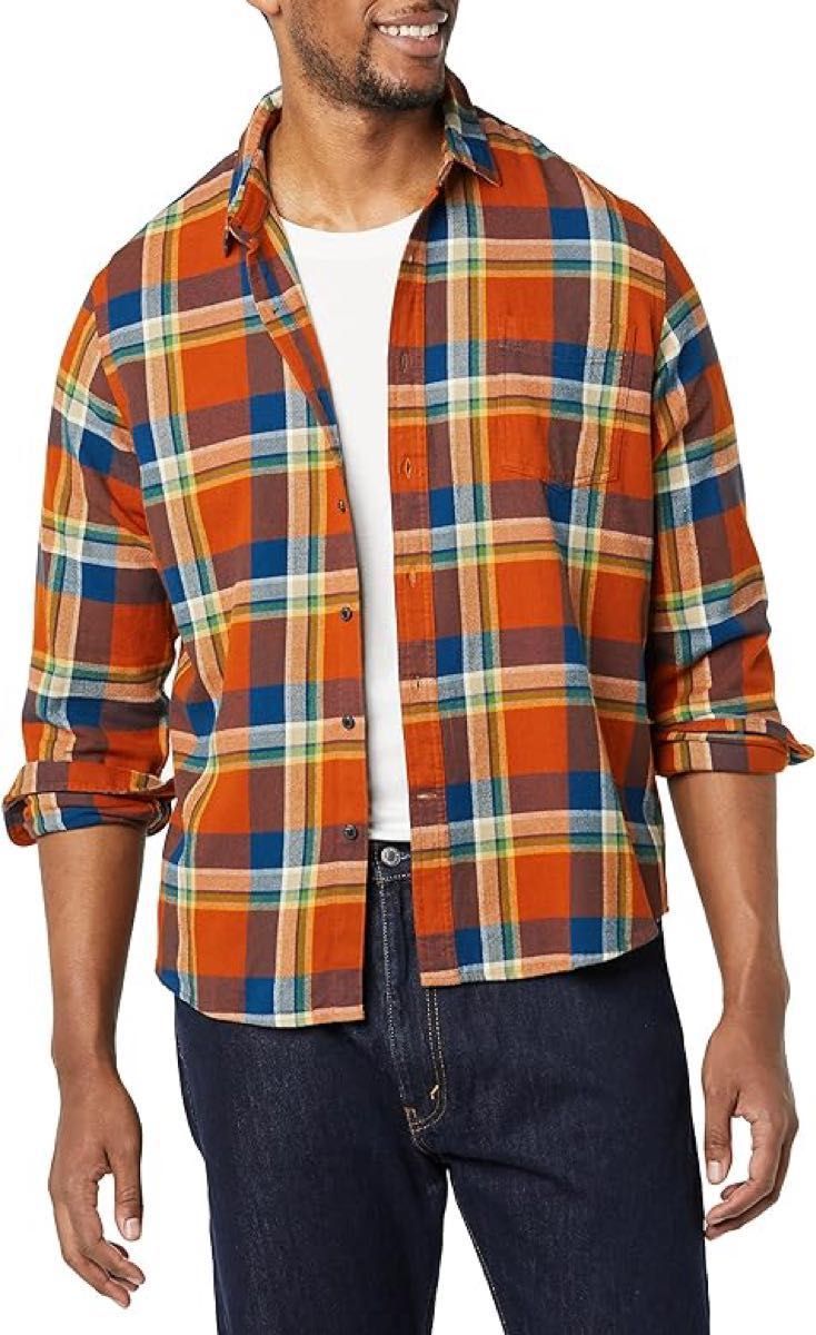 フランネルシャツ スリムフィット XL 長袖 メンズ チェック柄 オレンジ系 ネルシャツ チェック