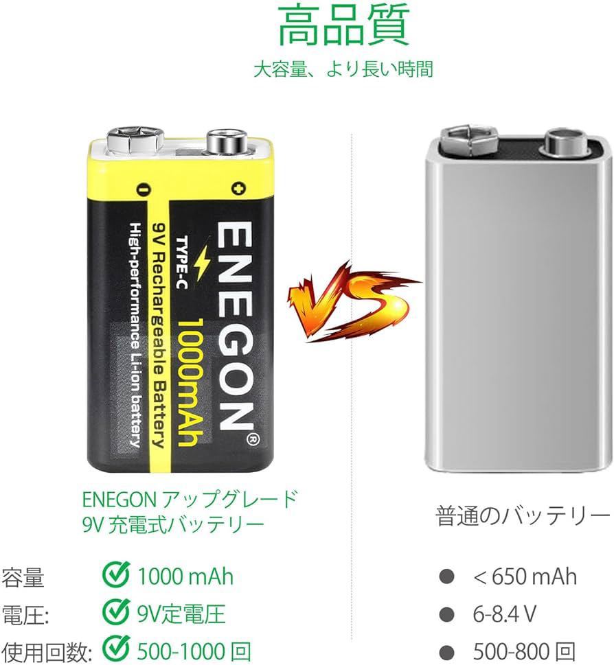 充電式リチウム電池 BB900 ENEGON 1000mAh 9V 2個+ Typec 充電ケーブル 6F22 006p バッテリー 互換性のあるもの: 火災警報器_画像2