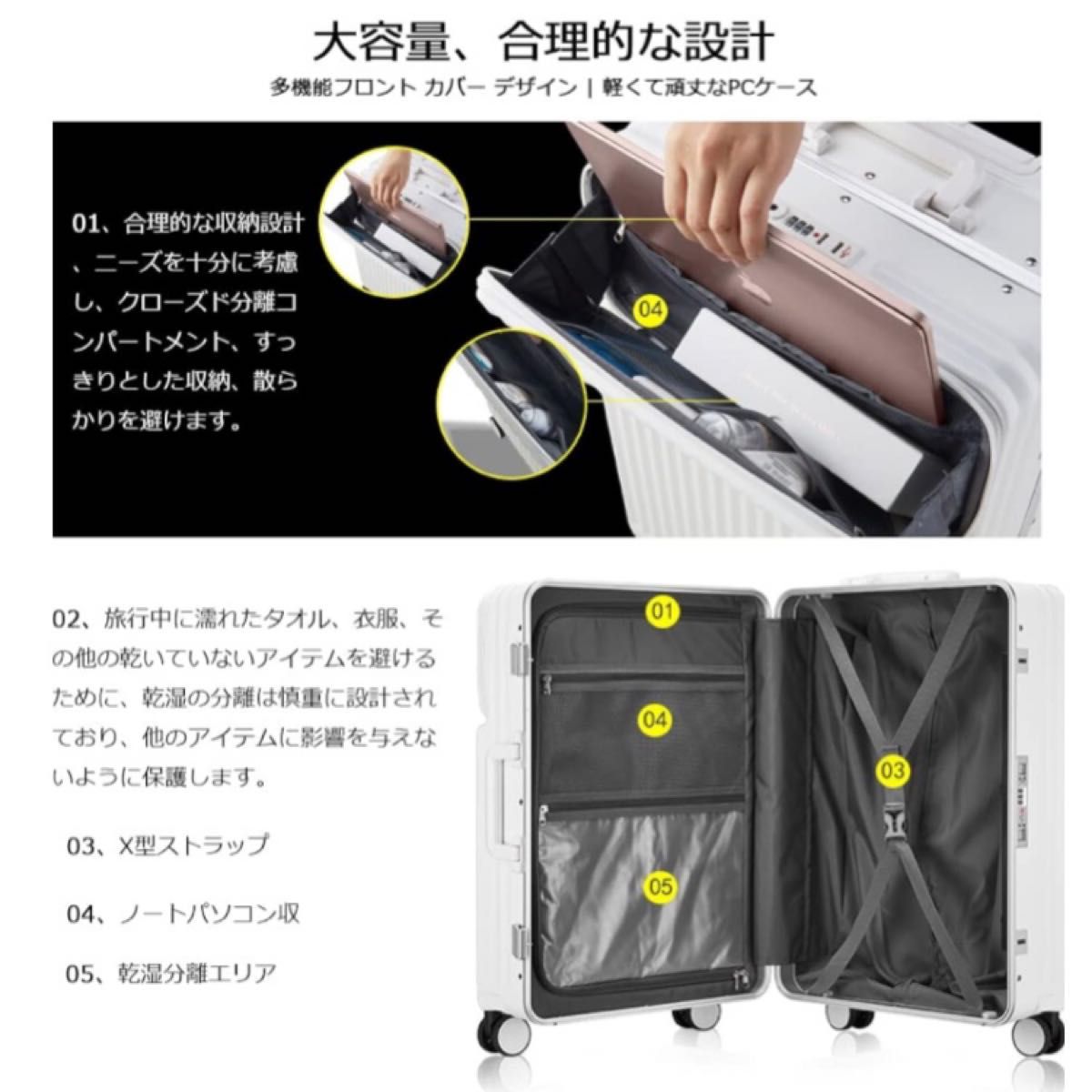 スーツケース アルミフレームキャリーケース (M サイズ(65L), ホワイト) TSAロック 大型 軽量