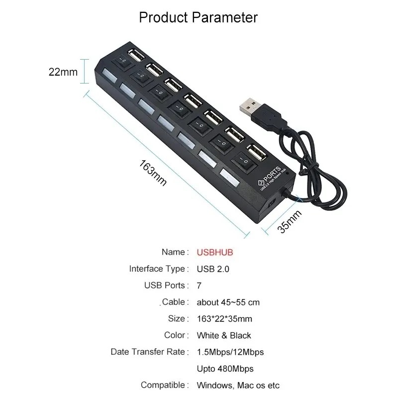 USBハブ 7ポート 480MBps伝送 LEDライト搭載 USB2.0 高速データ転送 独立・個別スイッチ付 セルフパワー式 バスパワー L_画像10