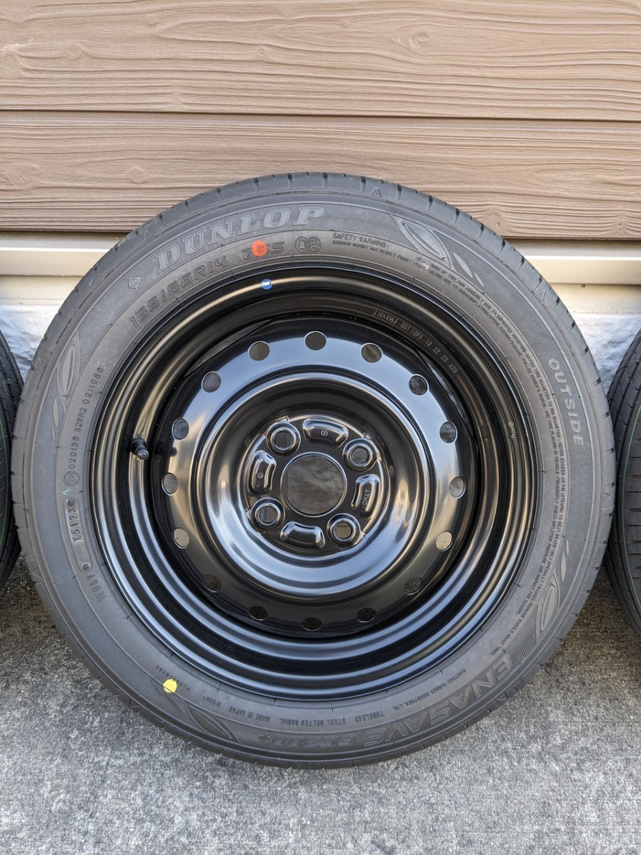 タイヤ・ホイール4本セット DUNLOP ENASAVE 155/65R14 製造年月5123(2023年51週(12月)).SUZUKI純正スチールホイール 新車外し(走行距離4km)_画像2