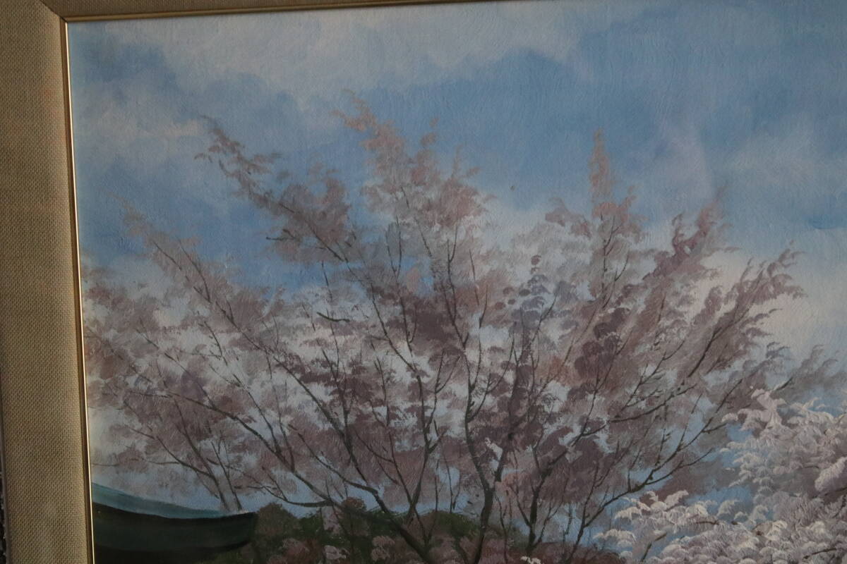 真作　山田繁夫「しだれ桜」風景画 油彩画 20号 在銘額装_画像3