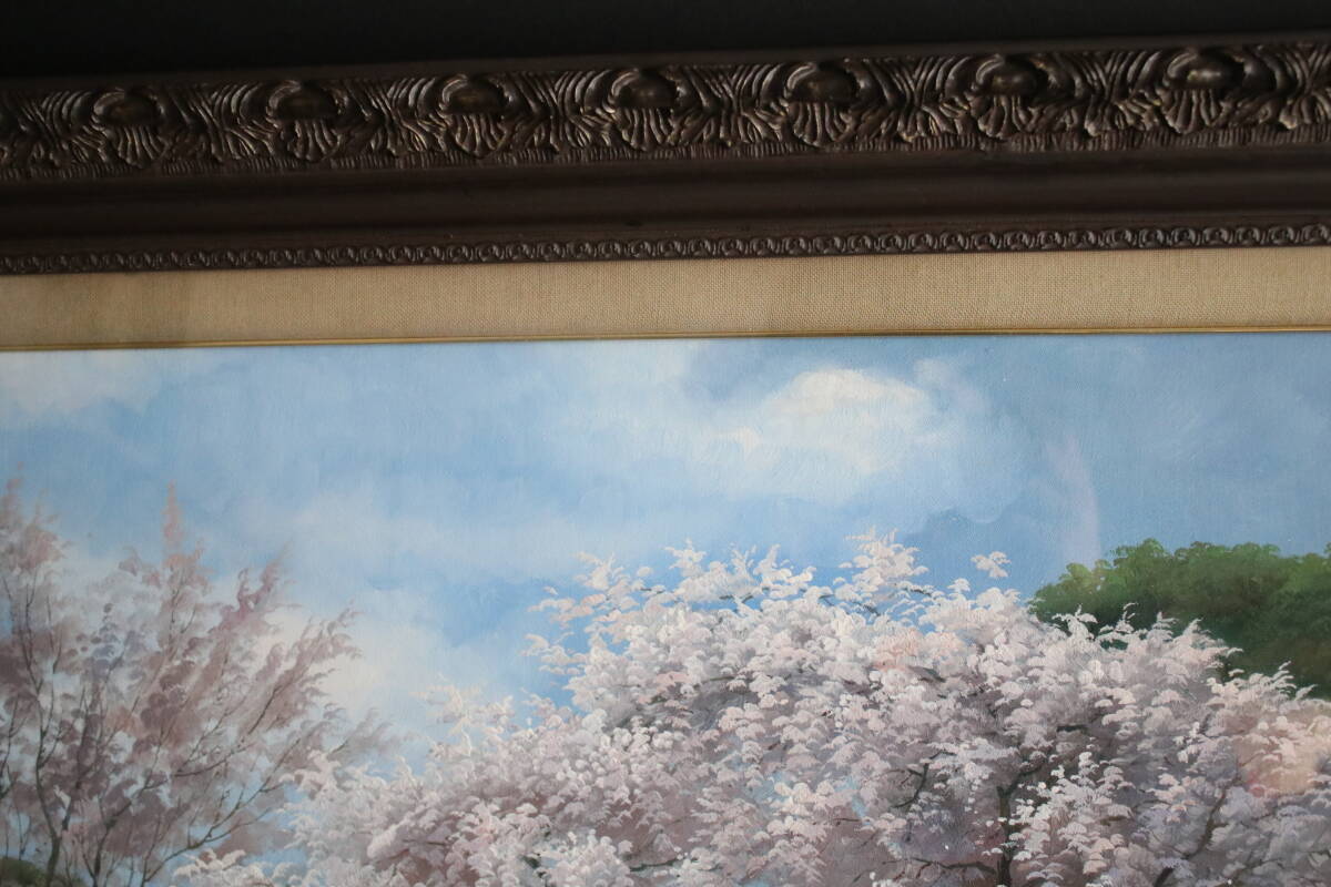 真作　山田繁夫「しだれ桜」風景画 油彩画 20号 在銘額装_画像8
