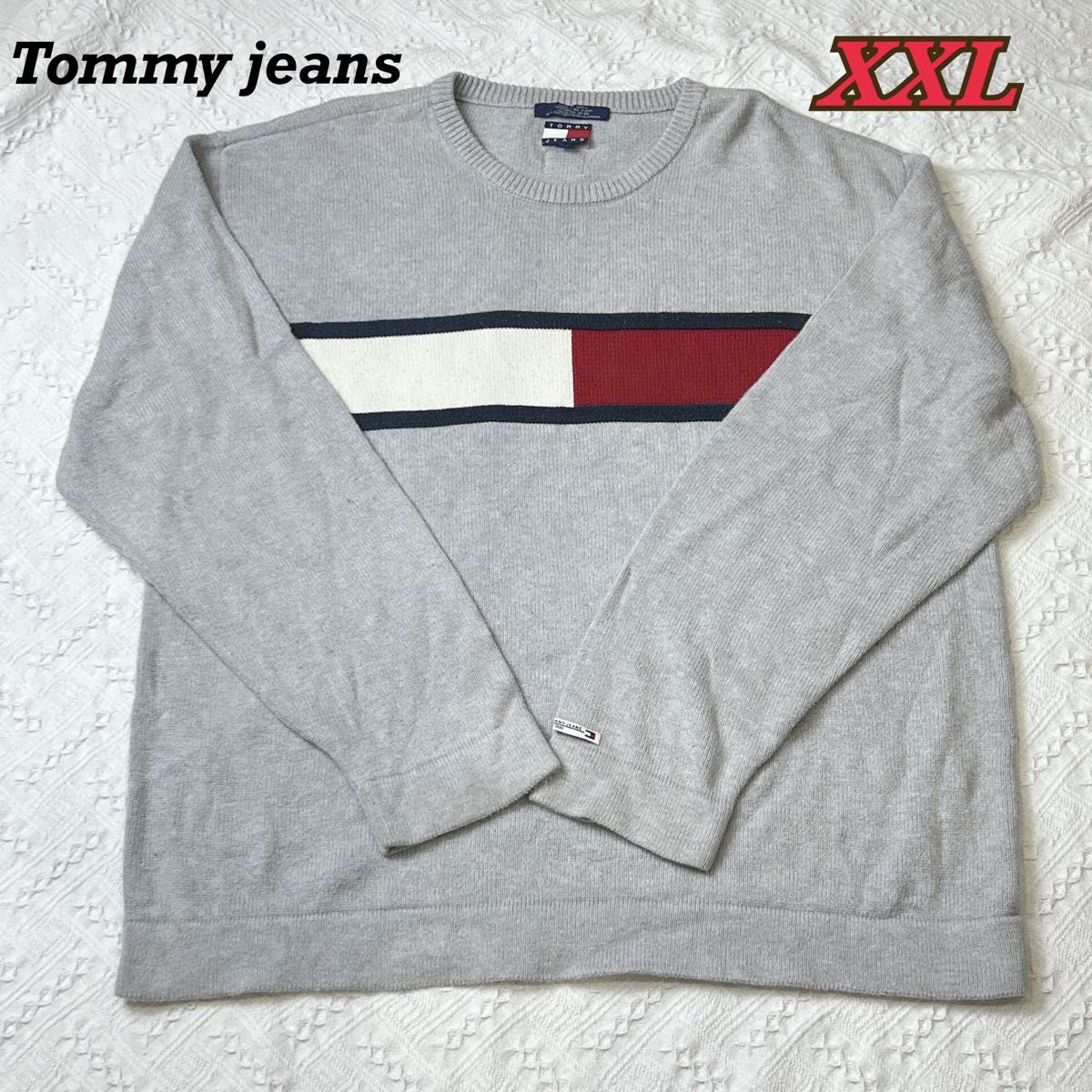 TOMMYJEANS トミージーンズ　メンズ　ニット　セーター　ビンテージ　ビッグロゴ　大きめサイズ　グレー　オーバーサイズ
