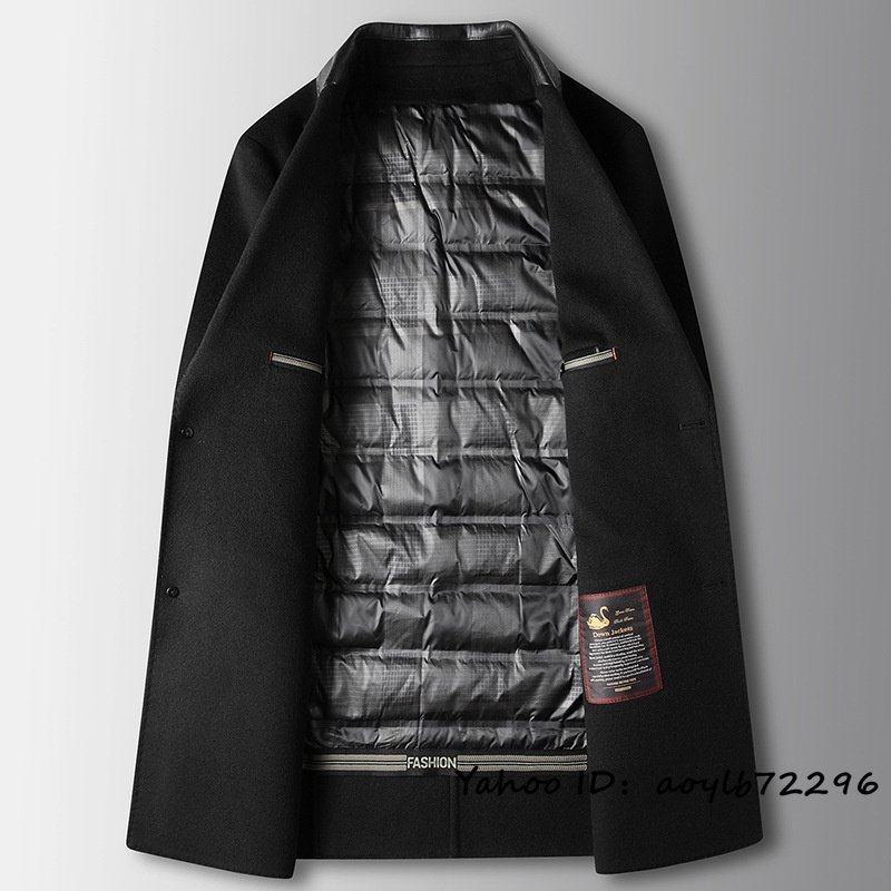 17万 最上級*ビジネスコート グースダウンジャケット 新品 メンズ ロングコート 高級ウール セレブ*WOOL厚手 羊革 紳士スーツ ブラック M