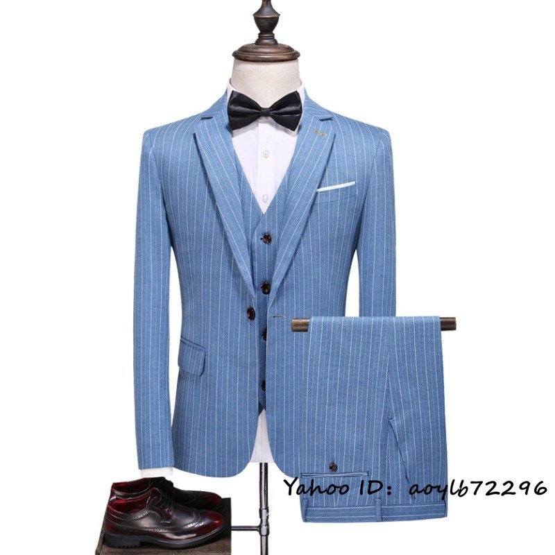 新品 ビジネススーツ メンズ スリーピース ストライブ柄 セットアップ 3点セット 細身 スリム 紳士服 結婚式 入学式 フォーマル ブルー XL