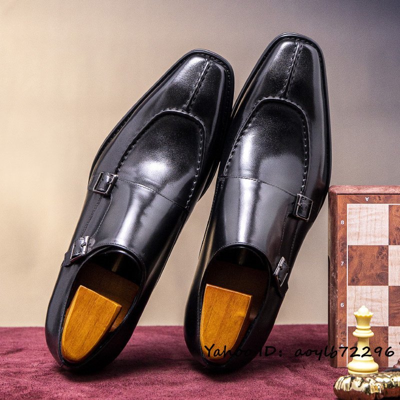 定価9万超◆最高級 モンクストラップ メンズ 本革レザーシューズ イタリア製 職人手作り 紳士靴 革靴 ビジネスシューズ ブラック 24.5cm