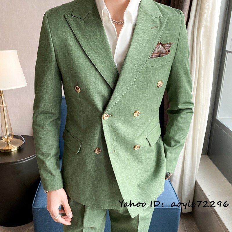 新品■スーツセット ビジネススーツ メンズ ダブルスーツ 上下セット シングルスーツ 高級 無地 スリム 二つボタン 紳士 結婚式 緑 3XL