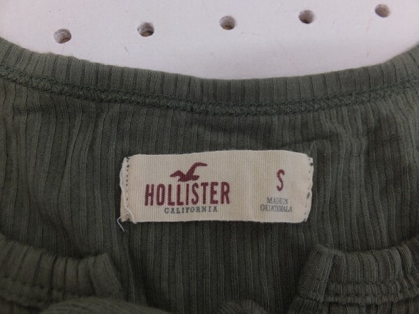 HOLLISTER ホリスター レディース レースアップネック リブ 半袖Tシャツ S カーキグリーン_画像2