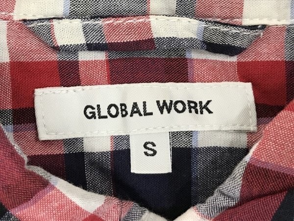 GLOBAL WORK グローバルワーク メンズ 胸ポケット付き チェック柄 七分袖シャツ S 紺赤白_画像2