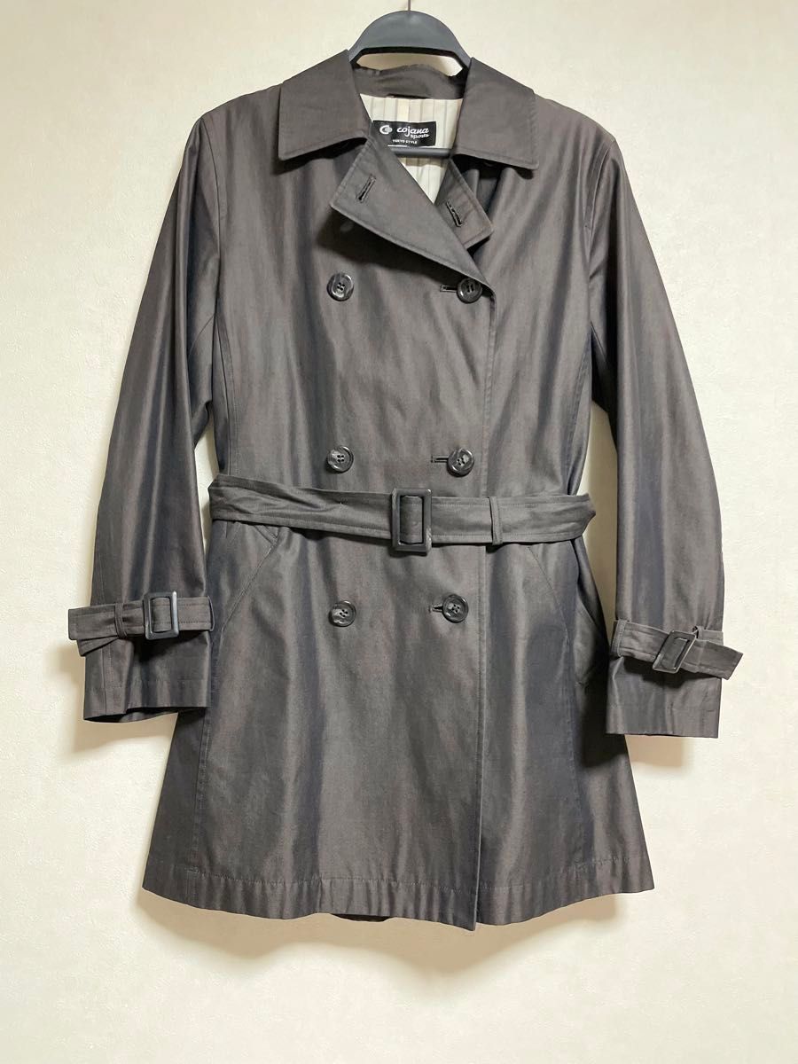 東京スタイル　コジャーナ　ダブル　トレンチコート　上着　共布ベルト付　光沢黒アウター コート 