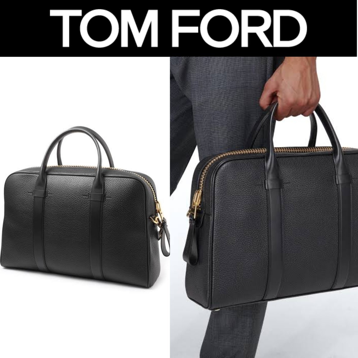 定価57万 トムフォード Buckley レザー ブリーフケース 黒 ビジネス バッグ TOM FORD ブラック ゴールド金具 スーツ ジャケット 44 46 48