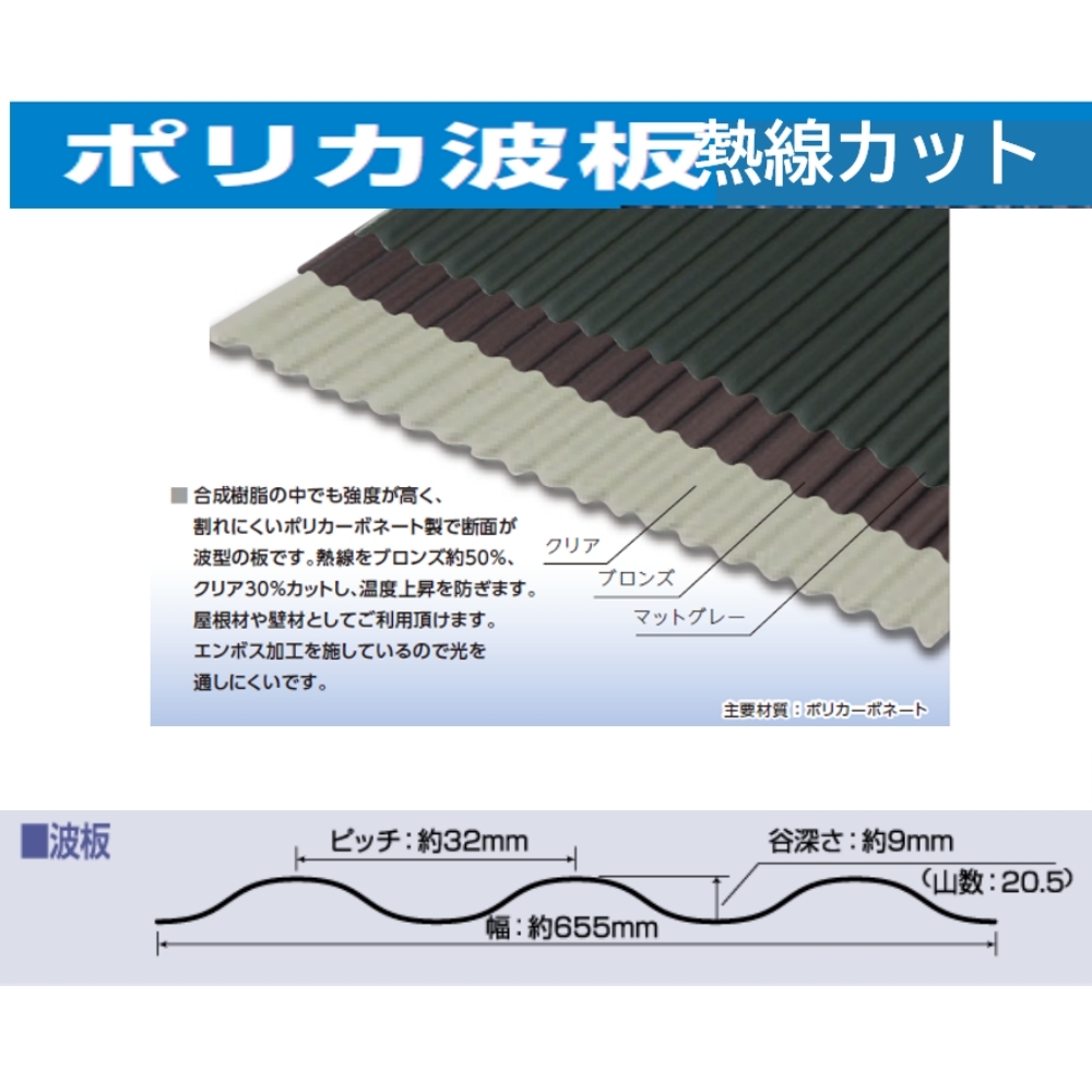 ポリカ 波板 熱線遮断 6尺 1820x655mm ポリカーボネート 20枚セット　20枚以上バラ売り可 カーポート 愛車の劣化防止に_画像2