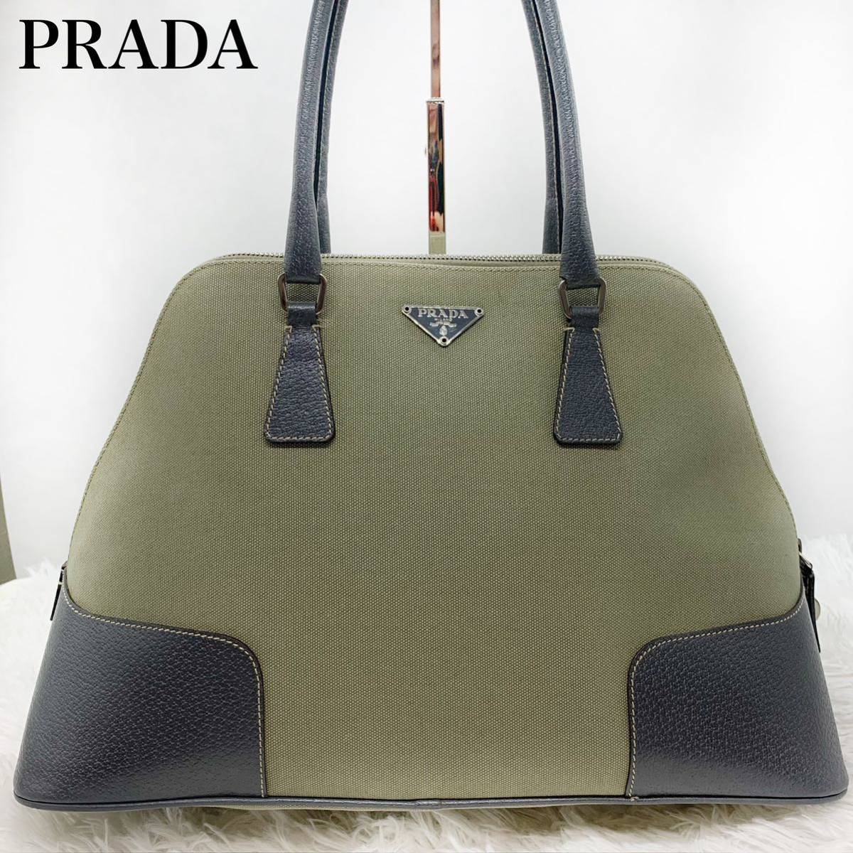 美品！PRADA プラダ キャンバス×レザー ショルダーバッグ トートバッグ 三角ロゴ 三角プレート 肩がけの画像1