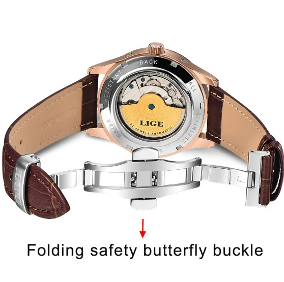 Lige クラシック レトロ メンズウォッチ 機械式 自動巻き 腕時計 トゥールビヨン 時計 本革 防水 ミリタリーの画像6