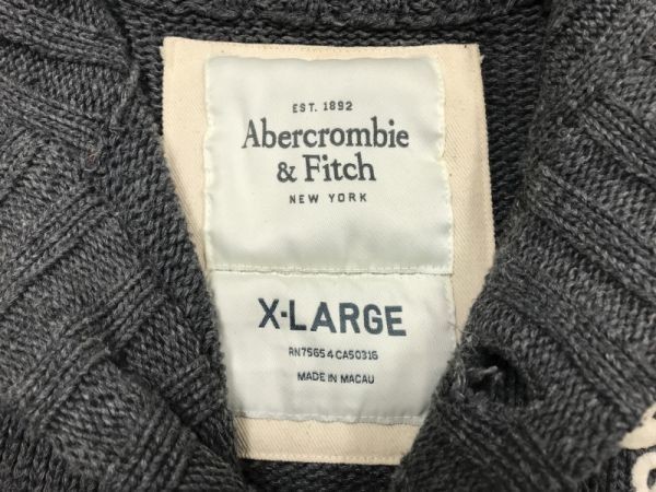 アバクロンビー&フィッチ Abercrombie&Fitch アメカジ サーフ ワッペン スタンドカラー コットンニット カーディガン メンズ XL グレー_画像2