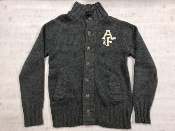 アバクロンビー&フィッチ Abercrombie&Fitch アメカジ サーフ ワッペン スタンドカラー コットンニット カーディガン メンズ XL グレー_画像1