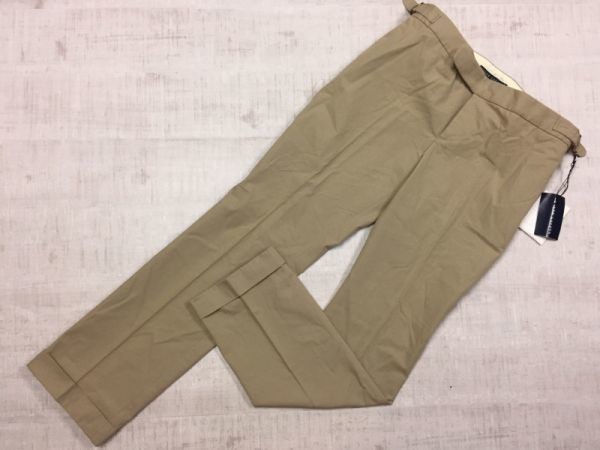 訳あり新品 ラルフローレン Ralph Lauren トラッド サイドベルト 裾ダブル スラックス パンツ ボトムス レディース 綿100% 11号 ベージュ_画像1