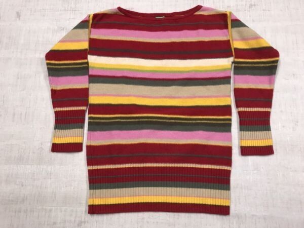  Benetton UNITED COLORS OF BENETTON retro mode old clothes boat neck multi border knitted sweater lady's red 