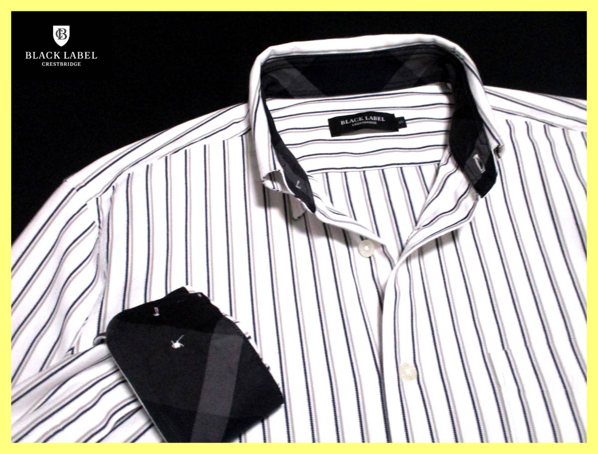 極美品 ブラックレーベルクレストブリッジ 襟内・袖口裏クレストブリッジチェック柄 ダブルカラーストライプ ボタンダウンシャツ サイズ S