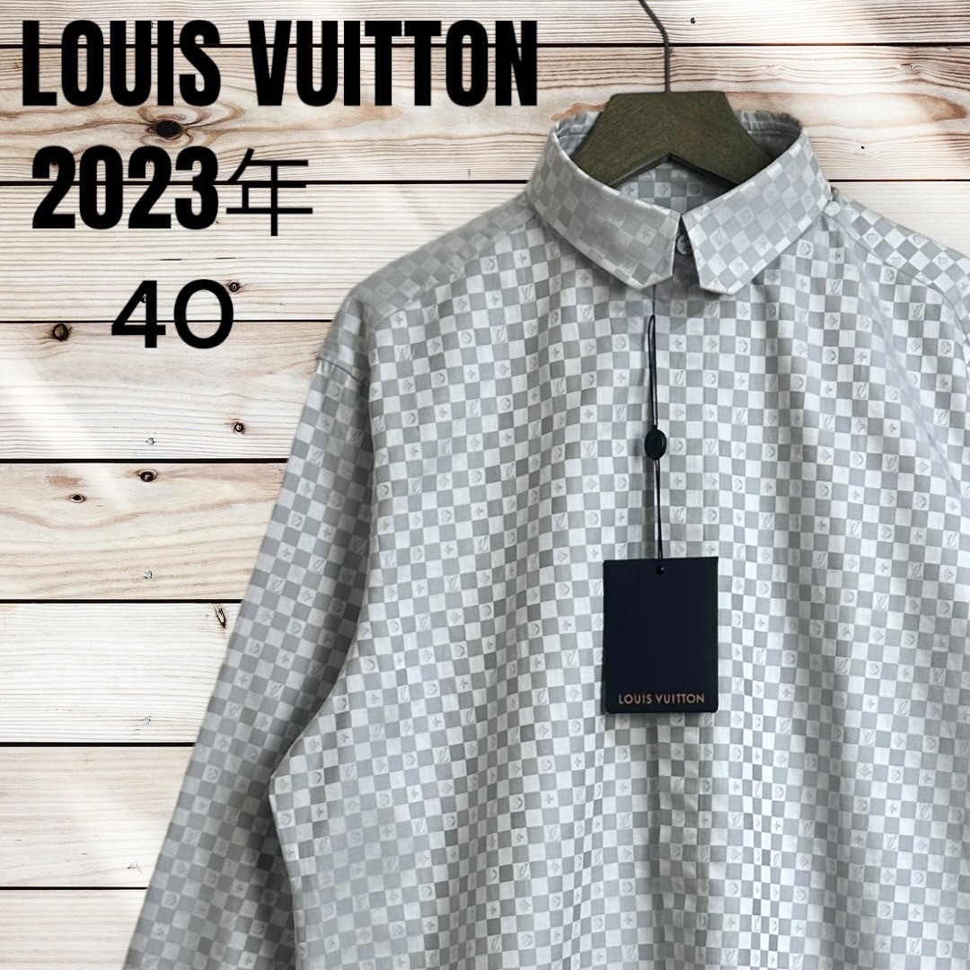 23SS* immediately complete sale goods *LOUIS VUITTON Louis Vuitton dress shirt DNA color Damier long sleeve 40 gray 2023 year of model cutter shirt regular shop tag 