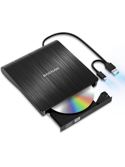 487) DAILYLIVE ブラック 外付けDVD/CDドライブ DVDレコ DVD-Rプレイヤー USB3.0&Type-C両用 内蔵ケーブル Window/Linux/Mac OS対応