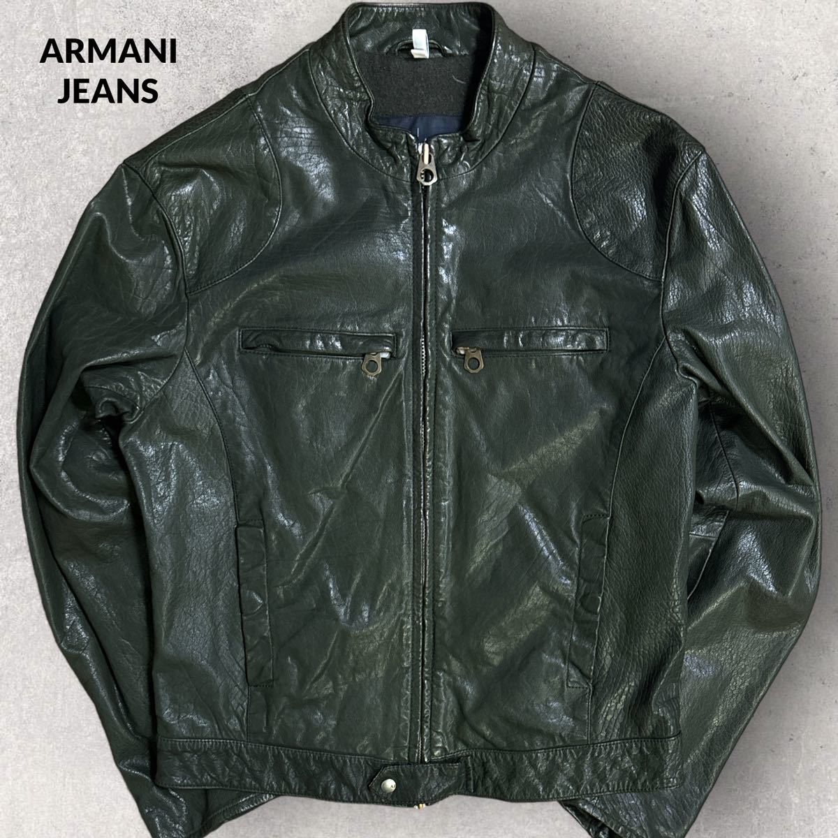 ARMANI JEANS 立ち襟 ダブルジップ バッファローレザージャケット Sサイズ ウールライナー IDEALジッパー シングルライダースジャケット