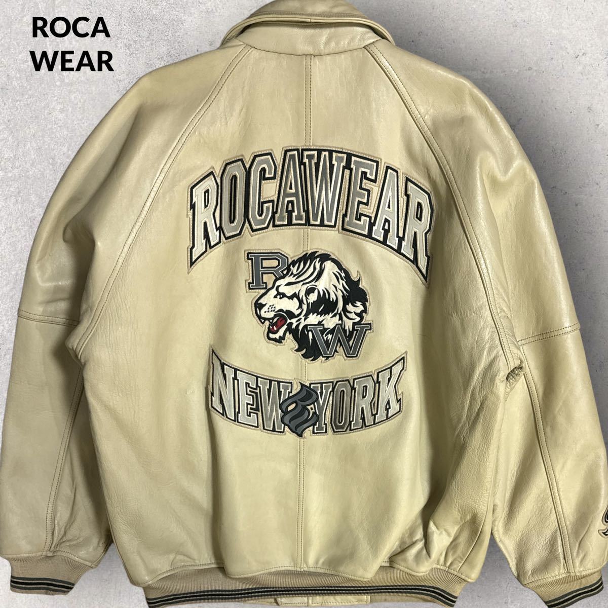 ROCA WEAR ロカウェア 90s ビンテージ バックロゴ 刺繍ワッペン レザージャケット ビッグサイズ 80s 00s ベージュ キルティングライナーの画像1