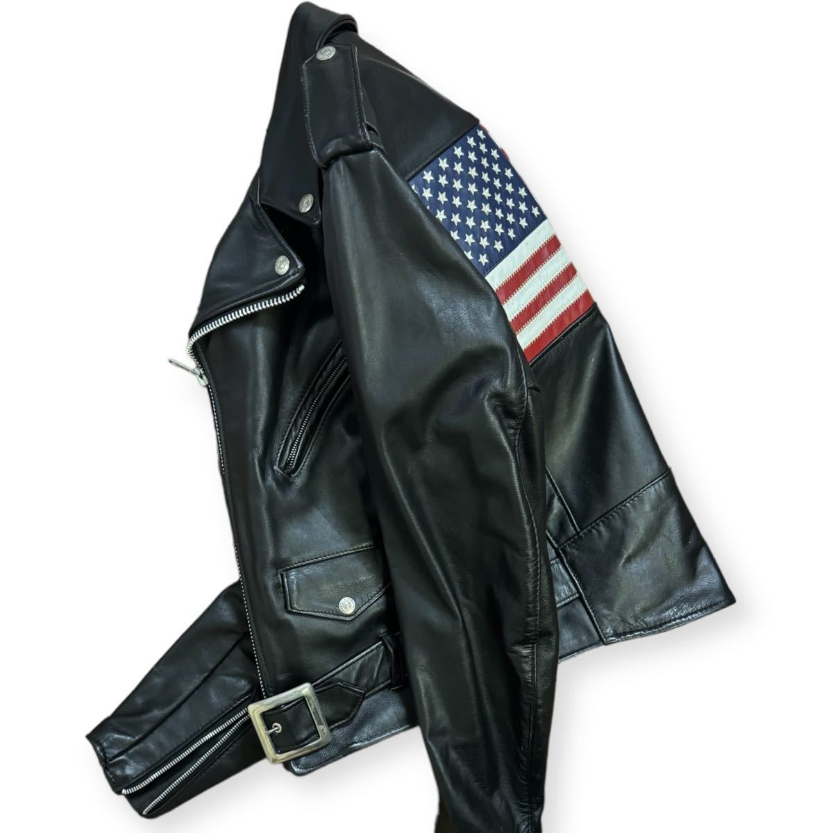 稀少 美品 Schott 米国製 618F 星条旗 ダブルライダースジャケット サイズ36 ブラック オイルドカウレザー バイカーズタグ