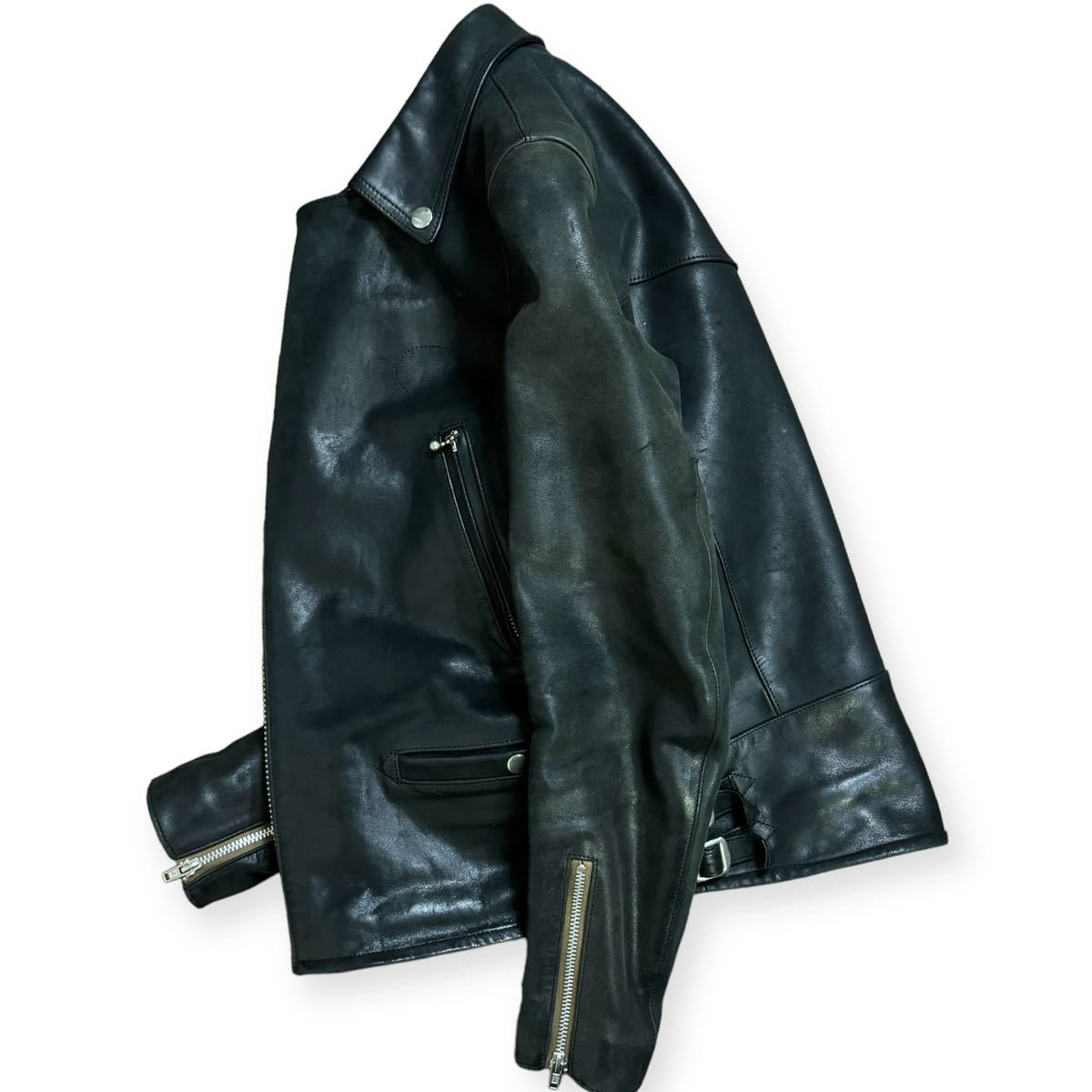 定価15万 Lost Control 12AW 羊革 レザー Sheepskin Mortorcycle JKT モーターサイクル ダブルライダースジャケット ブラック サイズ1_画像3