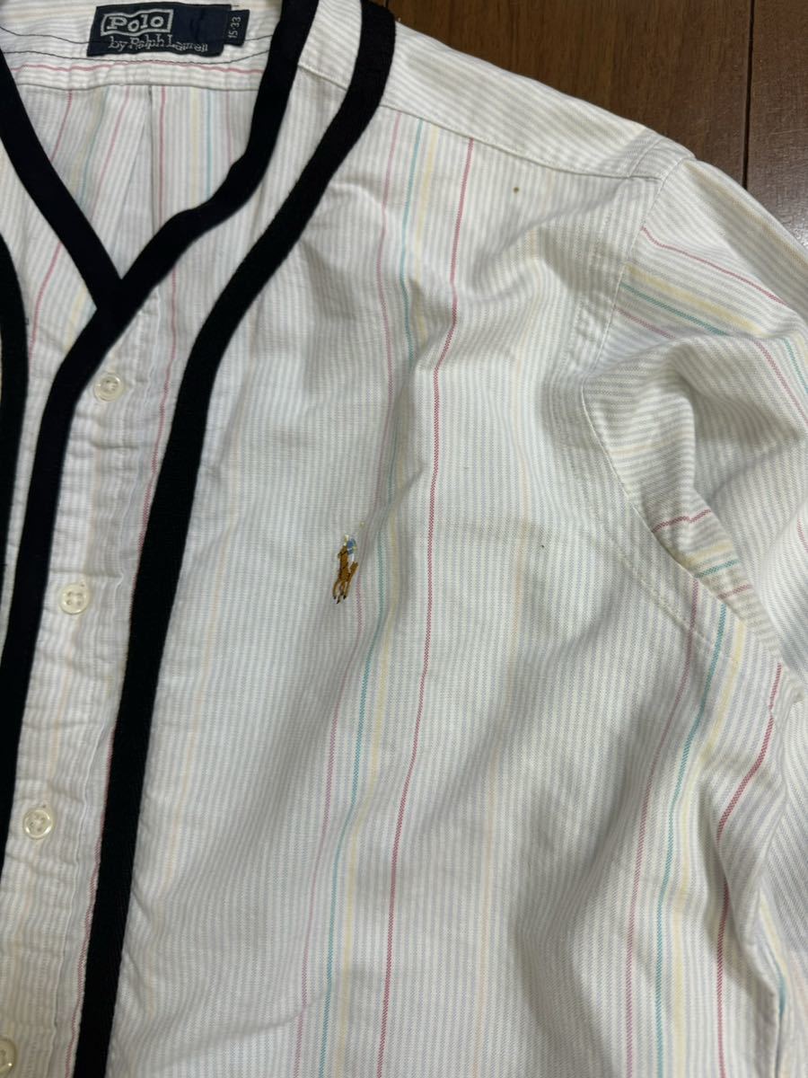 稀少 Polo by Ralph Lauren ラルフローレン 90s 00s ロゴ刺繍 ストライプ ベースボールシャツ 15-33