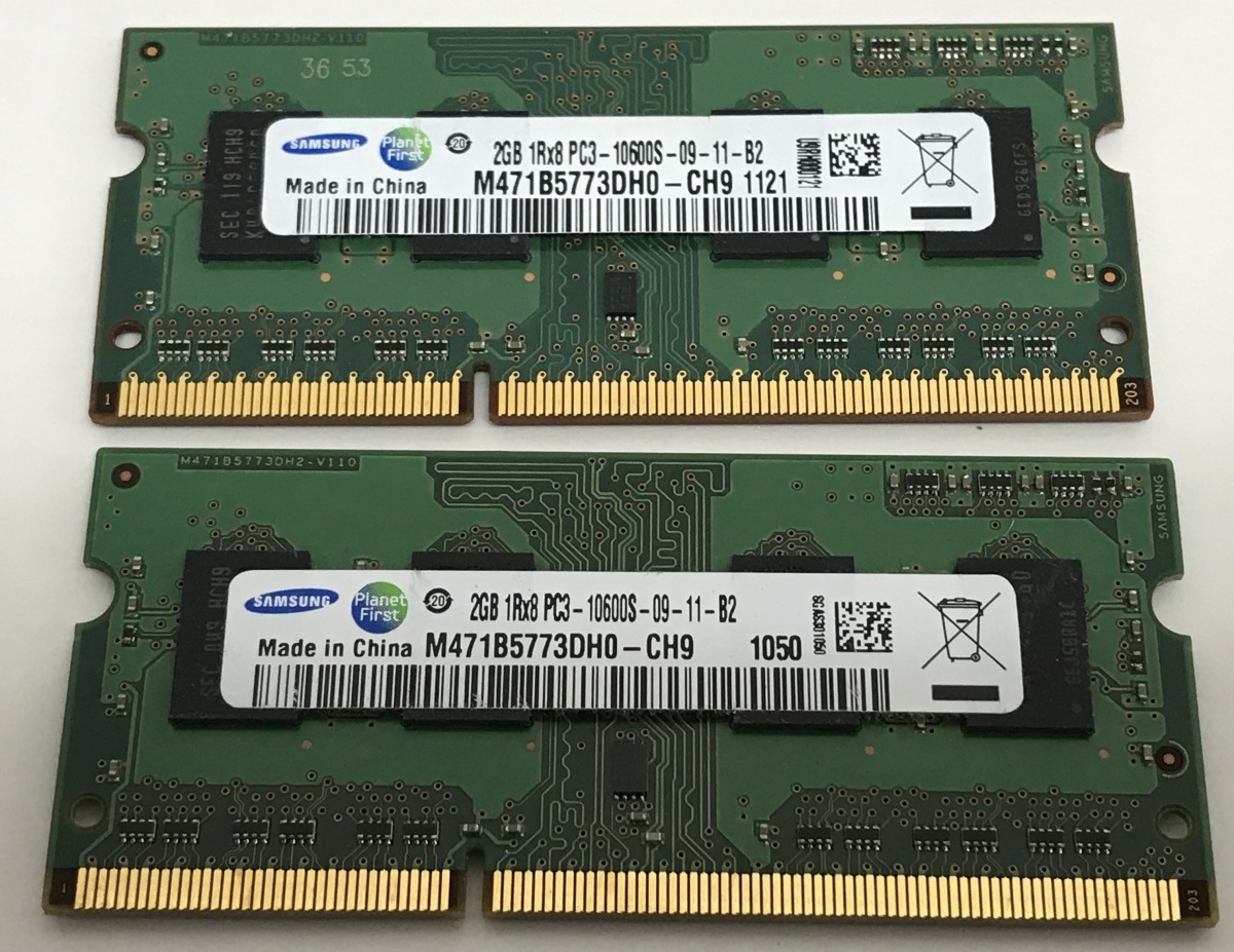 SAMSUNG 1RX8 PC3-10600S 2GB 2枚 1セット 4GB DDR3ノート用 メモリ DDR3-1333 2GB 2枚 4GB 204ピン 4GB DDR3 LAPTOP RAMの画像1
