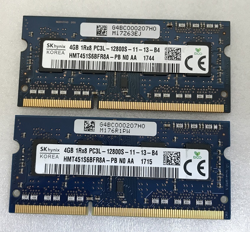 SK HYNIX 1Rx8 PC3L-12800S 8GB 4GB 2枚 DDR3L ノート用メモリ 204ピン DDR3L-1600 4GB 2枚 DDR3L LAPTOP RAM 中古起動確認済み_画像3