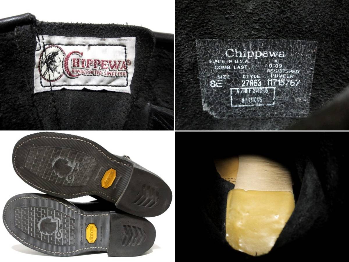 即決 CHIPPEWA チペワ ロングエンジニアブーツ 8E 約26cm 黒ブラック USA製 スチールトゥ ワークブーツ バイカー レザー 本革靴 メンズ_画像10