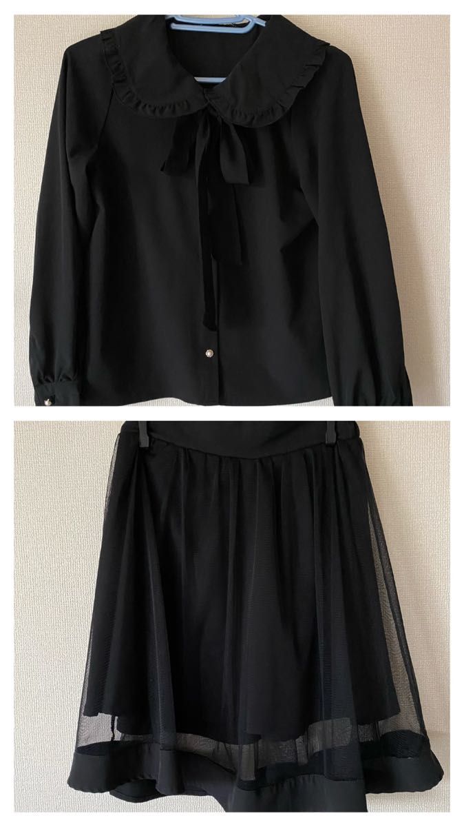 【美品】ブラックブラウススカートセット　黒　セットアップ　シャツ　ブラウス　スカート　透け感　ゴスロリ　ロリータ　ブラック　セット