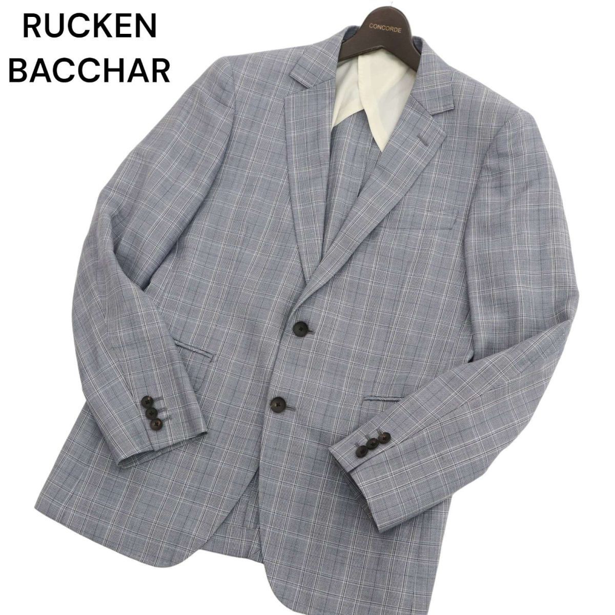 美品★ RUCKEN BACCHAR リッケンバッカー 春夏 背抜き 麻 リネン混 チェック テーラード ジャケット Sz.92A5 メンズ C4T01312_2#Mの画像1