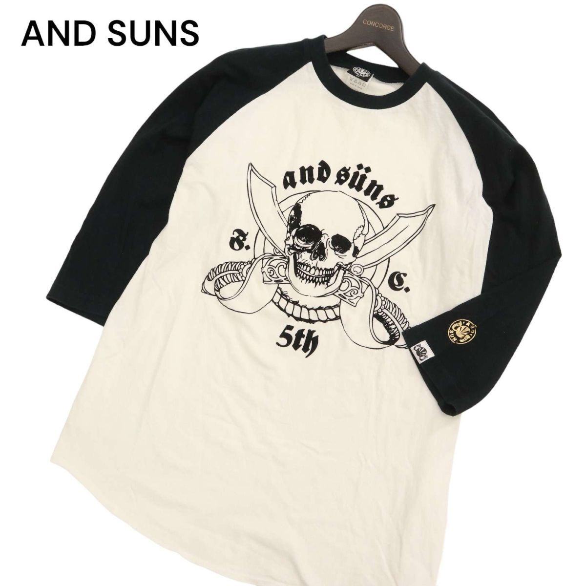 AND SUNS アンドサンズ 春夏 7分袖 スカル プリント★ ラグラン カットソー Tシャツ Sz.L　メンズ　C4T01477_2#D_画像1