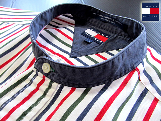 ★100円スタート！トミーヒルフィガー TOMMY HILFIGER バンドカラーシャツ 長袖 Lサイズ 希少品 マルチストライプ ネイビー×グリーン_画像1