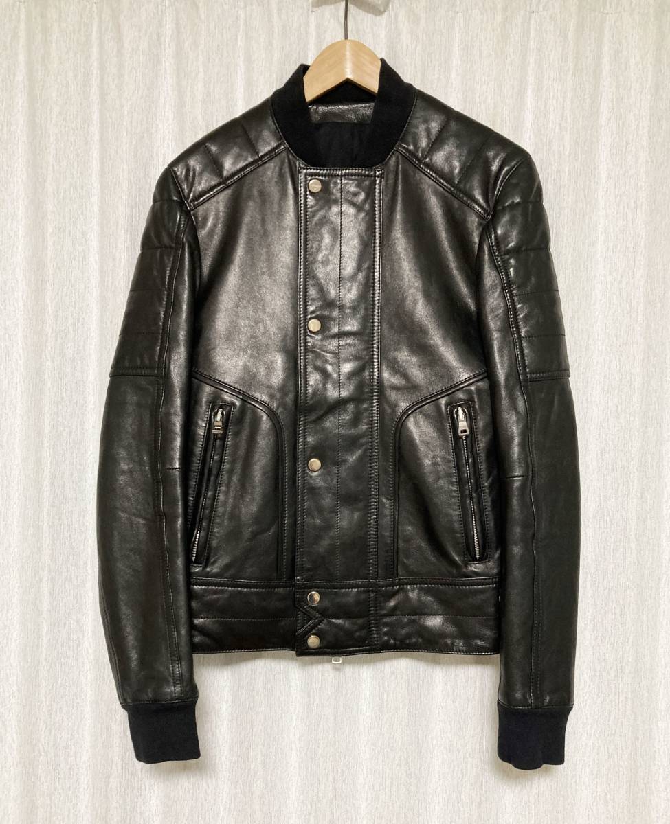 [BALMAIN HOMME] 15SS BOMBER JKT バイカーライダース ボンバーレザージャケット 44 羊革 ブラック S5HC833C882 バルマン_画像1