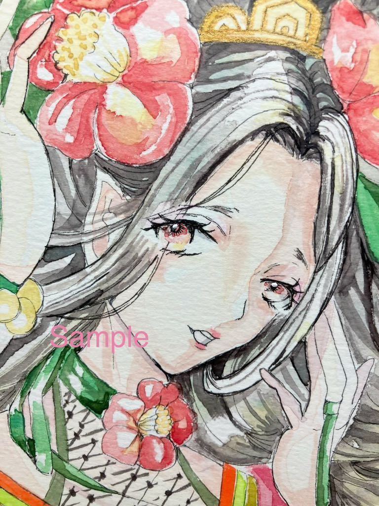 オリジナル手描きイラスト 「春の精霊・椿」B6 水彩　顔彩　女の子 着物　_画像2